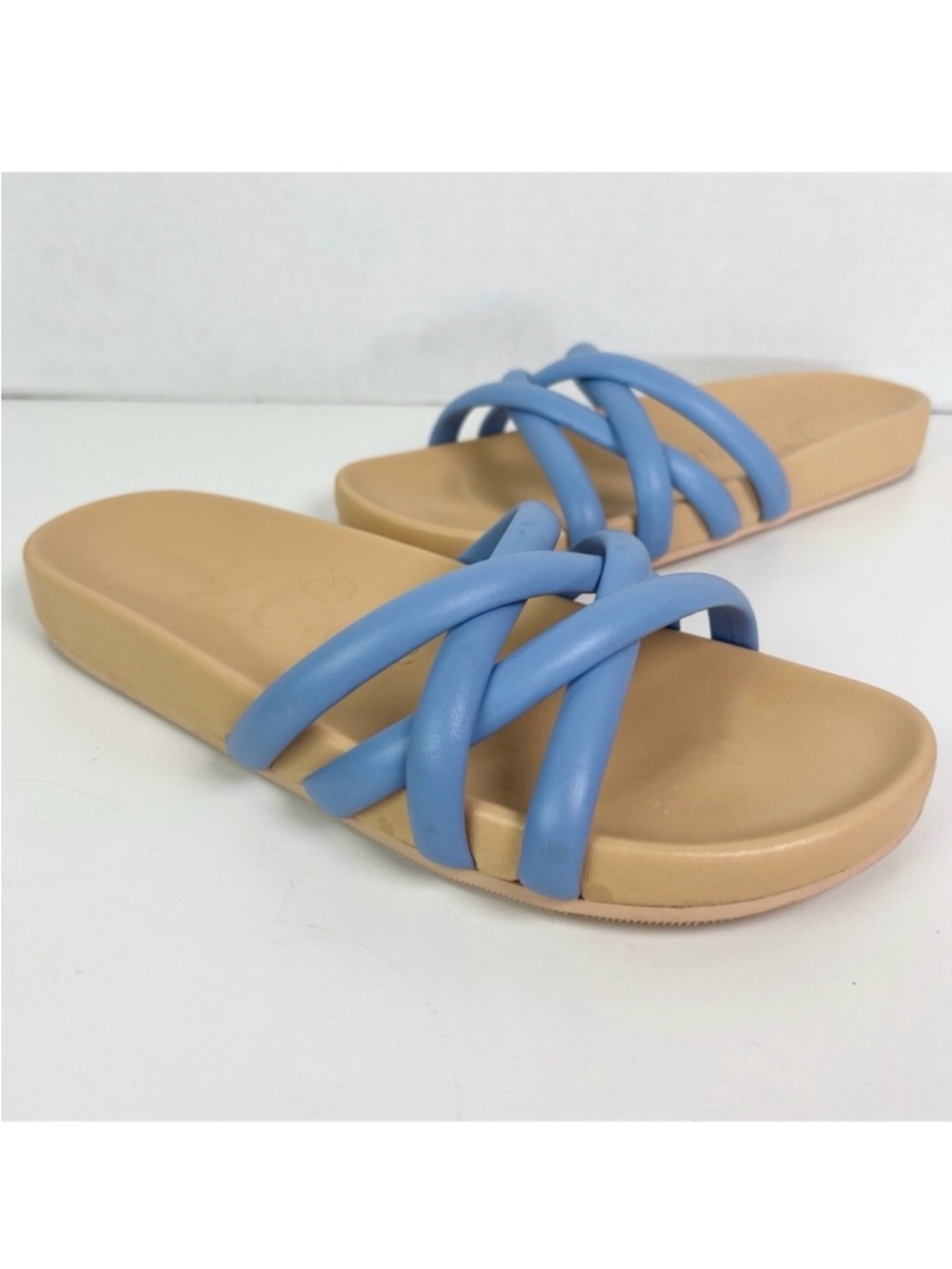 •J.CREW• Cushy Strap Slip On Slide‎ Sandals in Pale Seascape Blue Leather Size 9